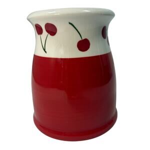 Terramoto Two Earthenware Cherry Vase Red White Kitchen Utensil Holder 7”